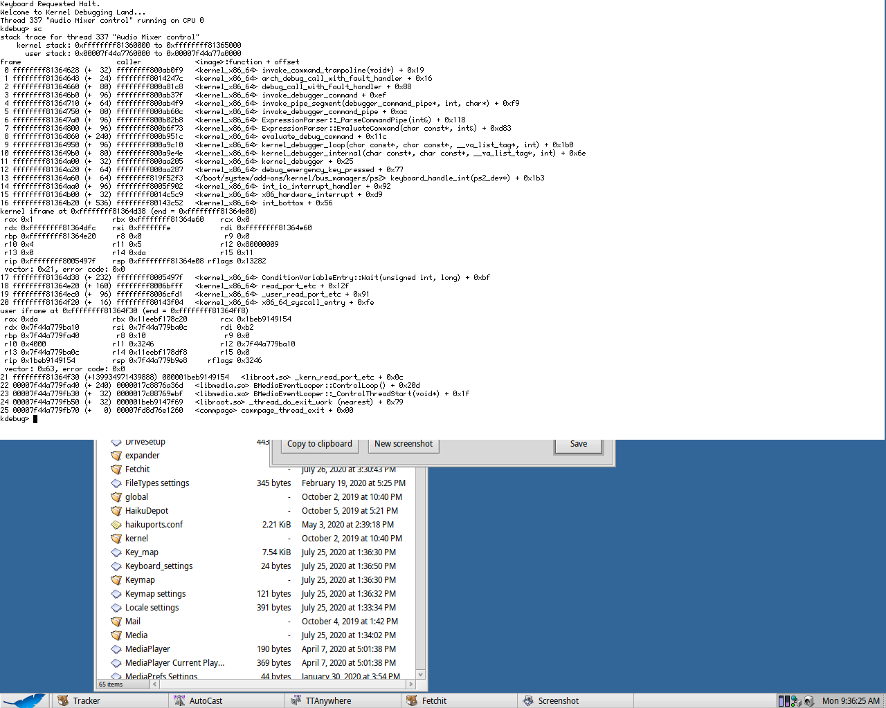 [Screenshot of a Haiku OS KDL (Kernel Debugging Land) showing debugger text scribbling over the screen]