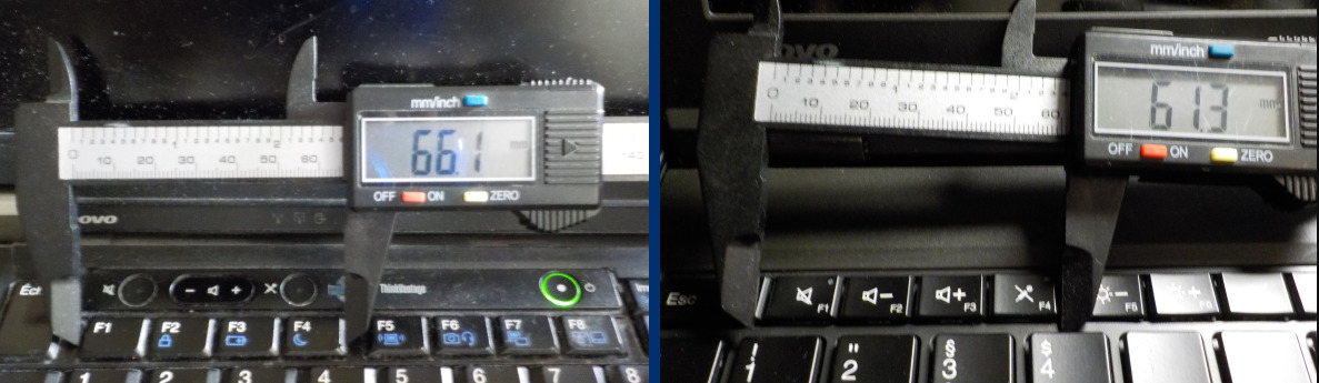 ThinkPad function keys width comparison T510 on the left, W541 on the right, both have a digital caliper mesuring the first four function keys width.