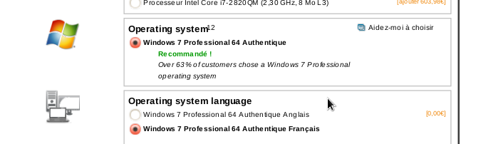 Screenshot of the Lenovo configurator website for 2011, proposing the choice of the operating system, between one single entry: Windows 7.