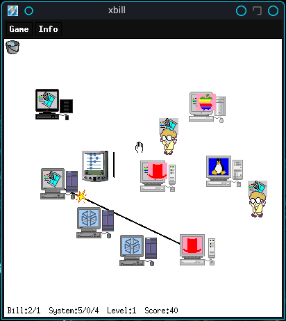 The game shows various computers with their own operating system logo, and clones of Bill Gates trying to reach them to install Windows instead.