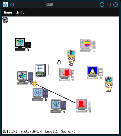 XBill, the computer nerd version of whack-a-mole. The game shows various computers with their own operating system logo, and clones of Bill Gates trying to reach them to install Windows instead.