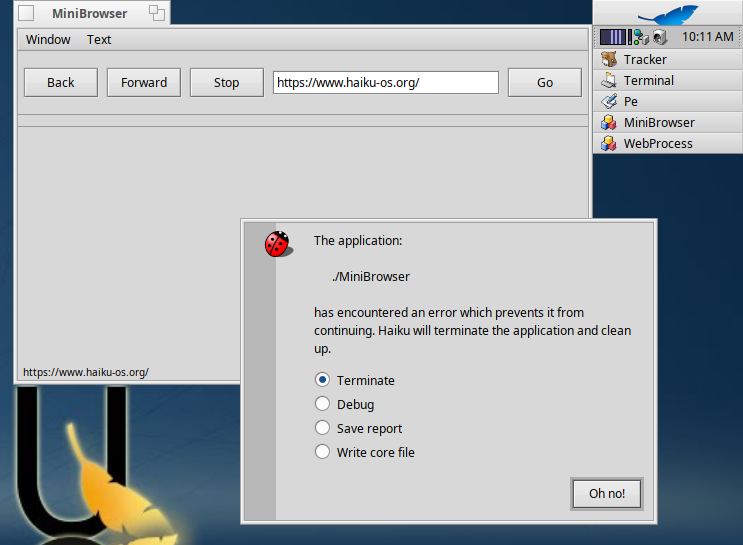 MiniBrowser crashed after attempting to visit a website. Only MiniBrowser and WebProcess show up in the Deskbar.