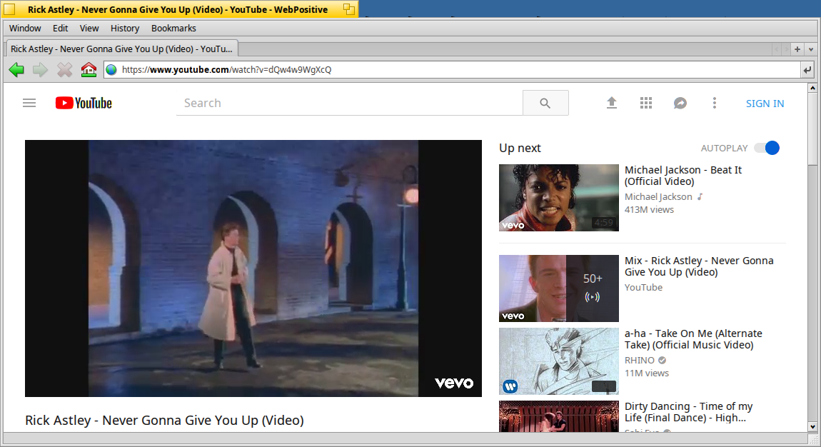 WebPositive playing Rick Astley