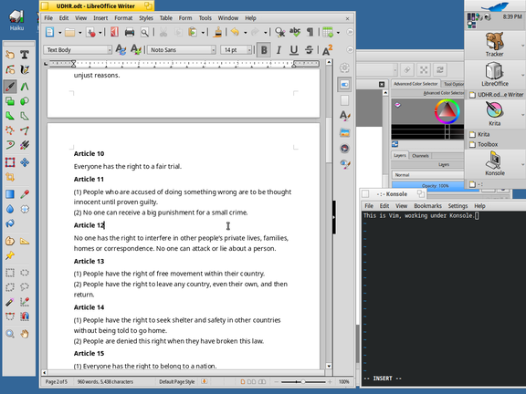 Screenshot of LibreOffice, Krita, and Konsole